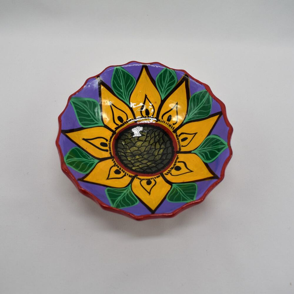 Vintage Sunflower Ceramic Trinket Dish Hand Painted Artisan Pottery Boho Decor